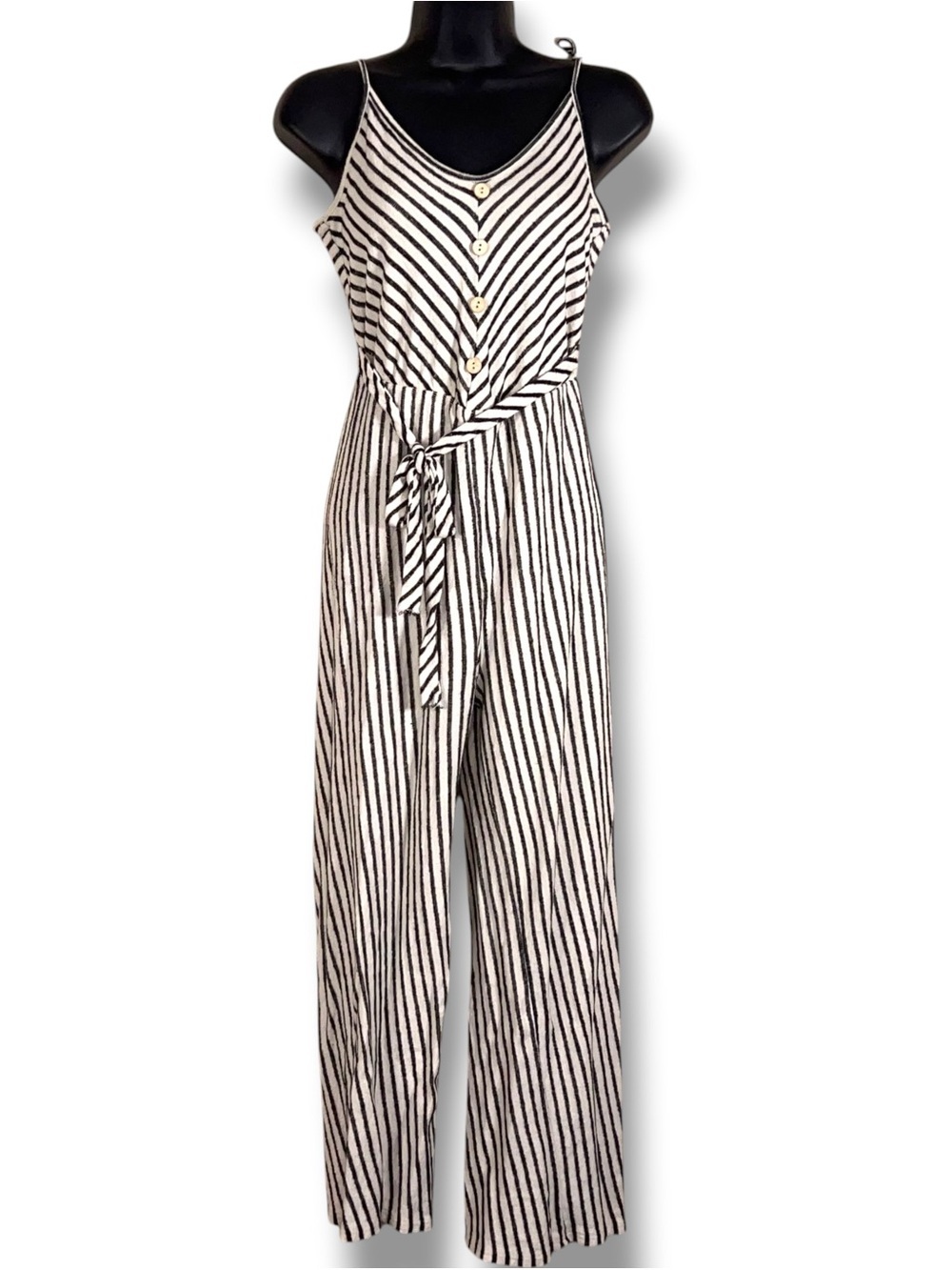 Juniors Medium Caution To The Wind Striped Jumpsuit Ivory White Black Preppy